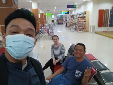 Engga, Charlotte, and Gede at the Fatmawati Airport, Bengkulu, before flying to Enggano